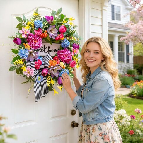 Spring Wreaths for Front Door Outside– 24 Inch Spring Door Wreath with Pink Peonies, Roses,Blue Hydrangeas&Yellow Tulips,Colorful Welcome Summer Wreaths for Front Door Porch & Entryway Decor in Kuwait