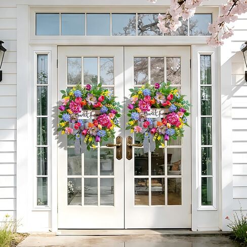Spring Wreaths for Front Door Outside– 24 Inch Spring Door Wreath with Pink Peonies, Roses,Blue Hydrangeas&Yellow Tulips,Colorful Welcome Summer Wreaths for Front Door Porch & Entryway Decor in Kuwait