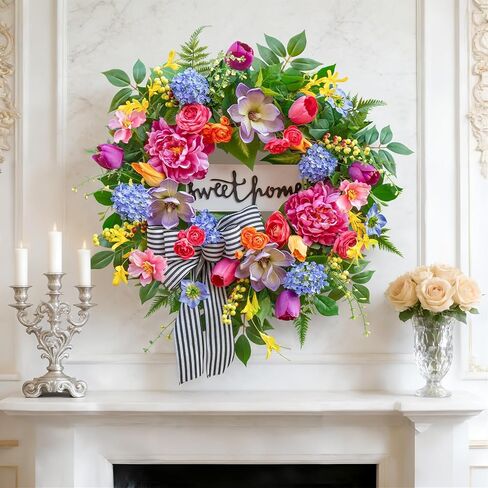 Spring Wreaths for Front Door Outside– 24 Inch Spring Door Wreath with Pink Peonies, Roses,Blue Hydrangeas&Yellow Tulips,Colorful Welcome Summer Wreaths for Front Door Porch & Entryway Decor in Kuwait