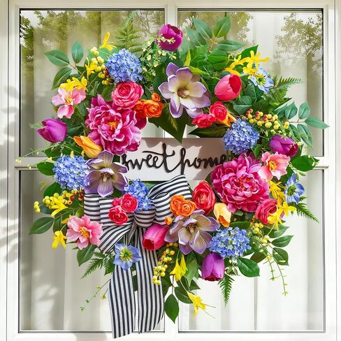 Spring Wreaths for Front Door Outside– 24 Inch Spring Door Wreath with Pink Peonies, Roses,Blue Hydrangeas&Yellow Tulips,Colorful Welcome Summer Wreaths for Front Door Porch & Entryway Decor in Kuwait