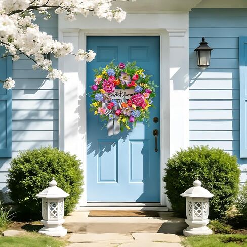 Spring Wreaths for Front Door Outside– 24 Inch Spring Door Wreath with Pink Peonies, Roses,Blue Hydrangeas&Yellow Tulips,Colorful Welcome Summer Wreaths for Front Door Porch & Entryway Decor in Kuwait
