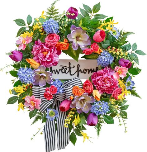 Spring Wreaths for Front Door Outside– 24 Inch Spring Door Wreath with Pink Peonies, Roses,Blue Hydrangeas&Yellow Tulips,Colorful Welcome Summer Wreaths for Front Door Porch & Entryway Decor in Kuwait