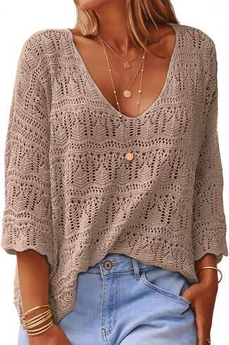 UNCLECAT Womens Crochet Cover Up Top Summer 3/4 Sleeve Off Shoulder Sweater Shirts Mesh Boho Beach Swimsuit Coverup in Saudi Arabia