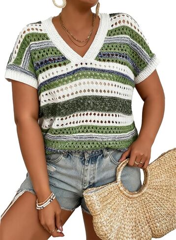 Eytino Plus Size Tops for Women Striped V Neck Short Sleeve Hollow Out Crochet Knit Sweater 2026 Sping Clothes Outfits(1X-5X) in Saudi Arabia