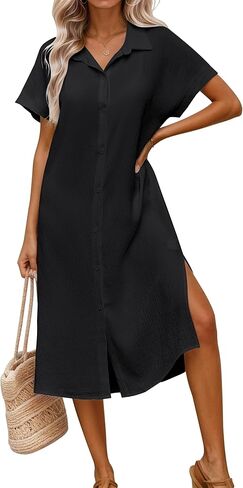 Halife Womens Swimsuit Coverup Shirt Dress Button Down Bathing Suit Cover Up Short Sleeve Beach Vacation Swimwear Cover Ups in Saudi Arabia