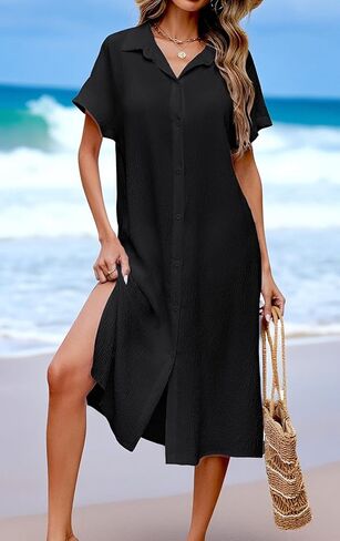 Halife Womens Swimsuit Coverup Shirt Dress Button Down Bathing Suit Cover Up Short Sleeve Beach Vacation Swimwear Cover Ups in Saudi Arabia