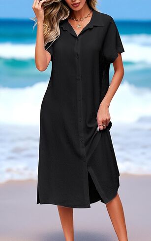 Halife Womens Swimsuit Coverup Shirt Dress Button Down Bathing Suit Cover Up Short Sleeve Beach Vacation Swimwear Cover Ups in Saudi Arabia