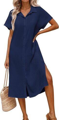 Halife Womens Swimsuit Coverup Shirt Dress Button Down Bathing Suit Cover Up Short Sleeve Beach Vacation Swimwear Cover Ups in Saudi Arabia