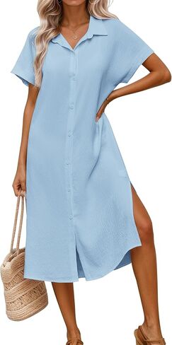 Halife Womens Swimsuit Coverup Shirt Dress Button Down Bathing Suit Cover Up Short Sleeve Beach Vacation Swimwear Cover Ups in Saudi Arabia