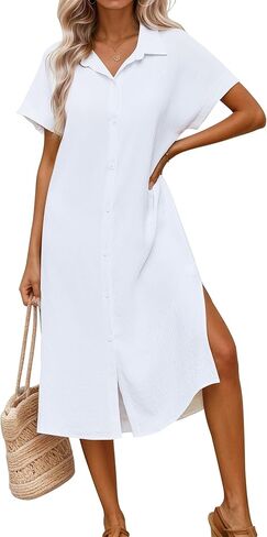Halife Womens Swimsuit Coverup Shirt Dress Button Down Bathing Suit Cover Up Short Sleeve Beach Vacation Swimwear Cover Ups in Saudi Arabia