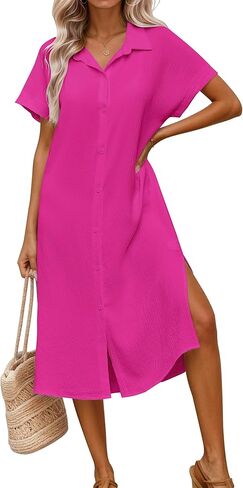 Halife Womens Swimsuit Coverup Shirt Dress Button Down Bathing Suit Cover Up Short Sleeve Beach Vacation Swimwear Cover Ups in Saudi Arabia