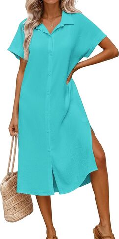 Halife Womens Swimsuit Coverup Shirt Dress Button Down Bathing Suit Cover Up Short Sleeve Beach Vacation Swimwear Cover Ups in Saudi Arabia