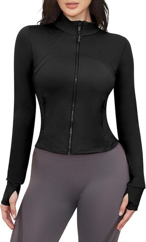 Workout Jackets for Woman: Athletic Gym Running Cropped Zip Up Tops with Thumb Holes Slim Fit Lightweight Sportswear in Saudi Arabia