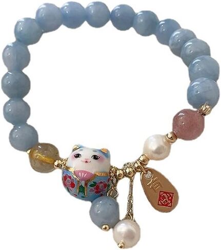 Cat Bracelet with Blue Crystal, Ceramic Cat Pendant, Feng Shui Good Luck, Wealth & Protection Bracelet in Saudi Arabia
