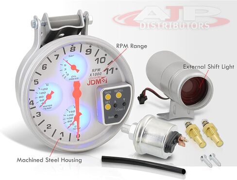AJP Distributors Universal JDM Sport 5" White Face 4-in-1 Tachometer 11K RPM Tach Gauge w/Oil/Water Temperature Pressure + External Adjustable LED Shift Light Replacement Upgrade in Saudi Arabia