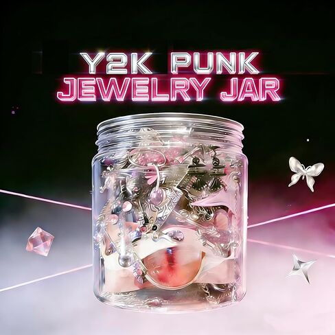 Gift-Ready Pink Punk Y2K Cyberpunk Mystery Jewelry Jar, 30 Pieces, Silver Tone with Pink Accents, Cute but Edgy,lightweight&Petite Fashion Jewelry Gift for Women, Unique Anniversary Birthday Gift for Her in Kuwait