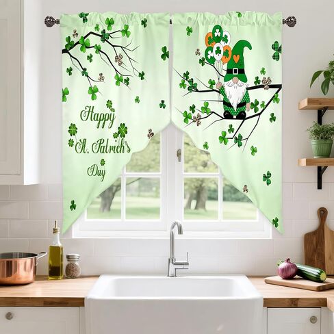 Happy St. Patrick's Day Swag Kitchen Curtain Valance for Windows,Spring Green Lucky Clover Window Treatments Short Swag Topper for Kitchen Windows Bathroom Bedroom,28 x 36 Inch, 1 Pair in Saudi Arabia
