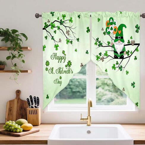 Happy St. Patrick's Day Swag Kitchen Curtain Valance for Windows,Spring Green Lucky Clover Window Treatments Short Swag Topper for Kitchen Windows Bathroom Bedroom,28 x 36 Inch, 1 Pair in Saudi Arabia