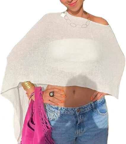 Seyumixi Knit Sheer Poncho Top for Women Y2k Asymmetric Shrug Beach Cover Up See Through Lightweight Off Shoulder Shawl in Saudi Arabia