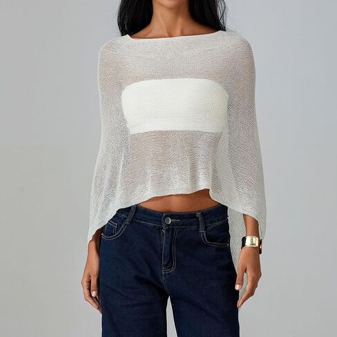Seyumixi Knit Sheer Poncho Top for Women Y2k Asymmetric Shrug Beach Cover Up See Through Lightweight Off Shoulder Shawl in Saudi Arabia