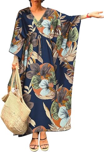 Bsubseach Kaftan Dresses for Women Floral Print Moo Moos Caftan Drawstring Plus Size Beach Cover Up Summer Maxi Dresses in Saudi Arabia