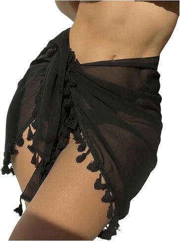 Milumia Women's Mesh Sheer Cover Up Skirt Tassel Hem Boho Beach Sarong Warp in Saudi Arabia