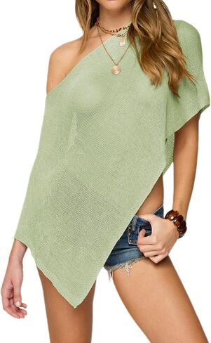 Seyumixi Knit Sheer Poncho Top for Women Y2k Asymmetric Shrug Beach Cover Up See Through Lightweight Off Shoulder Shawl in Saudi Arabia
