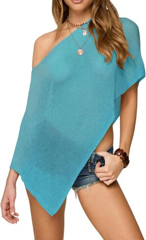 Seyumixi Knit Sheer Poncho Top for Women Y2k Asymmetric Shrug Beach Cover Up See Through Lightweight Off Shoulder Shawl in Saudi Arabia