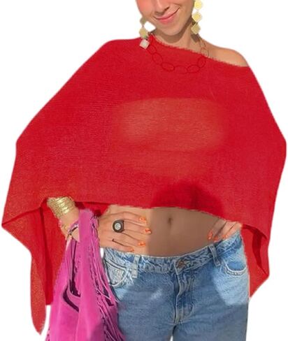 Seyumixi Knit Sheer Poncho Top for Women Y2k Asymmetric Shrug Beach Cover Up See Through Lightweight Off Shoulder Shawl in Saudi Arabia
