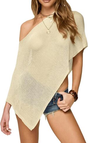 Seyumixi Knit Sheer Poncho Top for Women Y2k Asymmetric Shrug Beach Cover Up See Through Lightweight Off Shoulder Shawl in Saudi Arabia