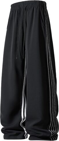 Men's Sporty Track Pants, Multi-Line Side Stripes, Relaxed Fit Joggers with Elastic Waist, Black in Saudi Arabia