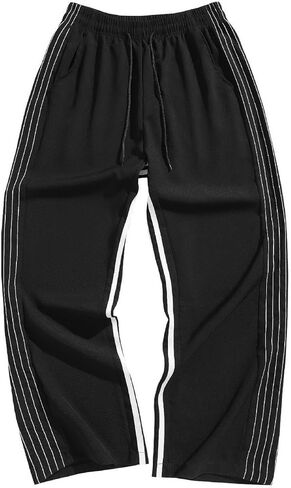 Men's Sporty Track Pants, Multi-Line Side Stripes, Relaxed Fit Joggers with Elastic Waist, Black in Saudi Arabia