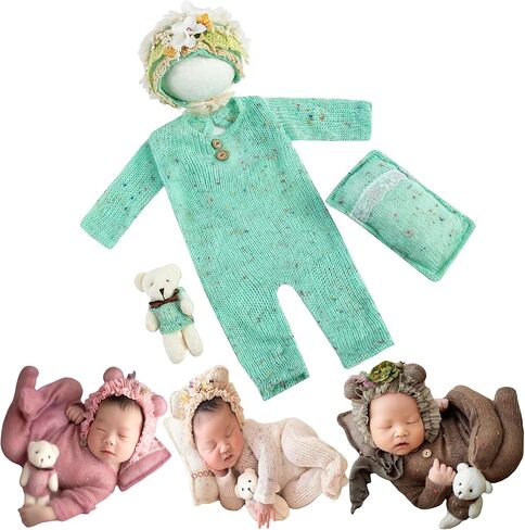 Zeroest Newborn Baby Photography Props Outfit Knitted Tweed Romper with Flower Hat Infant Newborn Girl Bear Posing Props 4PCS in Saudi Arabia
