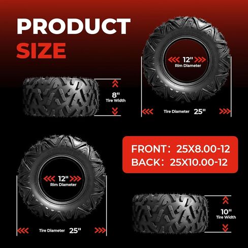 ATV/UTV Tires 25x8-12 Front & 25x10-12 Rear,All-Terrain Mud Tires 25x8x12 & 25x10x12,6-Ply,Non-Directional Big Horn Tread,Tubeless,Set of 4 in Kuwait