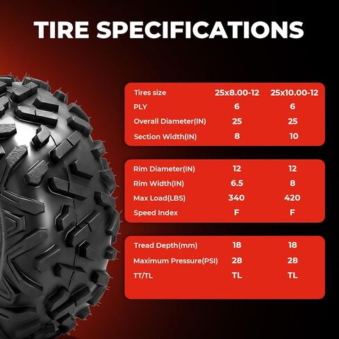 ATV/UTV Tires 25x8-12 Front & 25x10-12 Rear,All-Terrain Mud Tires 25x8x12 & 25x10x12,6-Ply,Non-Directional Big Horn Tread,Tubeless,Set of 4 in Kuwait
