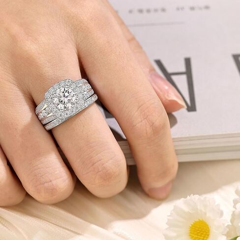 SHELOVES Round Cut Full Moissanite Wedding Ring Sets for Women Halo Bridal Set 925 Sterling Silver Sz 5-10 in Saudi Arabia