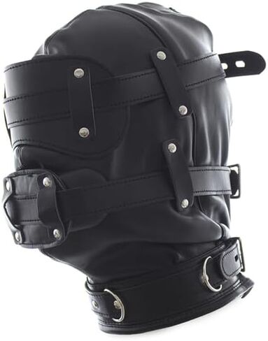 Black Leather Blindfold Head Hood, Adjustable Cosplay Face Mask for Role Play and Halloween in Saudi Arabia