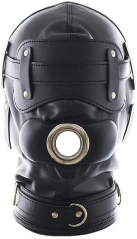 Black Leather Blindfold Head Hood, Adjustable Cosplay Face Mask for Role Play and Halloween in Saudi Arabia