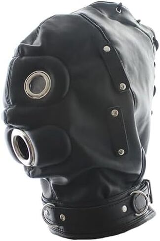 Black Leather Blindfold Head Hood, Adjustable Cosplay Face Mask for Role Play and Halloween in Saudi Arabia