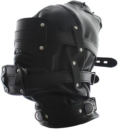 Black Leather Blindfold Head Hood, Adjustable Cosplay Face Mask for Role Play and Halloween in Saudi Arabia
