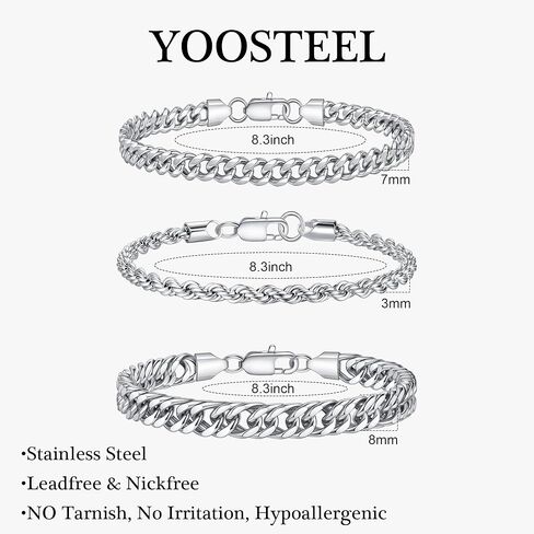 Yoosteel هدايا عيد الفصح للرجال الأولاد أساور - الفضة تكويم سوار الفولاذ المقاوم للصدأ كومة للرجال حبل فيجارو ورقة مشبك الكوبي سلسلة أساور مجموعات للرجال هدايا المجوهرات 7.5 / 8.3 / 9.0 بوصة in Saudi Arabia
