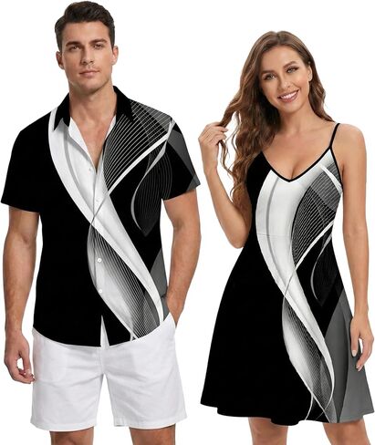 DRESSFO ملابس الأزواج المتوافقة مع قميص بأزرار وطبعة أوراق الأناناس الاستوائية أو فستان بأشرطة in Saudi Arabia