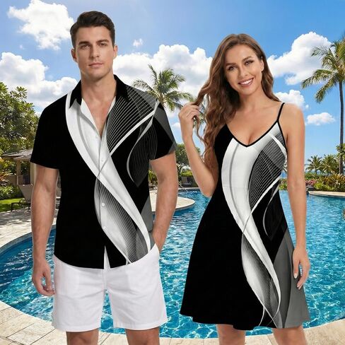 DRESSFO ملابس الأزواج المتوافقة مع قميص بأزرار وطبعة أوراق الأناناس الاستوائية أو فستان بأشرطة in Saudi Arabia