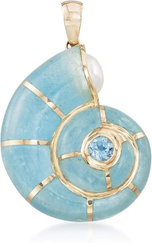 Ross-Simons 11.00 ct. t.w. Aquamarine, 6.5-7mm Cultured Pearl and .30 Carat Sky Blue Topaz Shell Pendant in 14kt Yellow Gold in Saudi Arabia