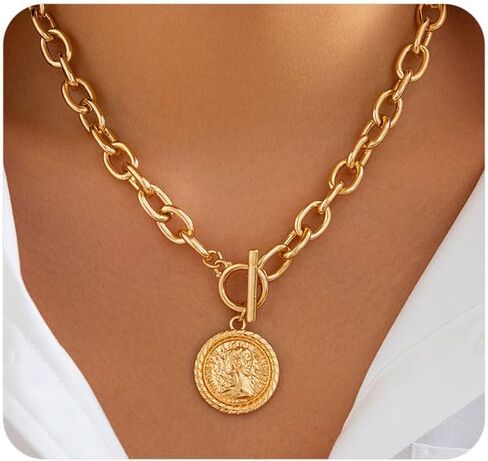 Gold Coin Pendant Choker Necklace for Women,Chunky Silver Paperclip Chain Ot Necklaces Boho Statement Collar Necklace,Charm Beach Jewelry Accessories in Saudi Arabia