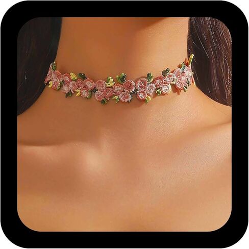 Boho Yellow Lace Flower Necklace Yellow Flowers Floral Necklaces Vintage Embroidered Flower Choker Necklace Adjustable Lace Velvet Collar Necklaces Jewelry for Women in Kuwait