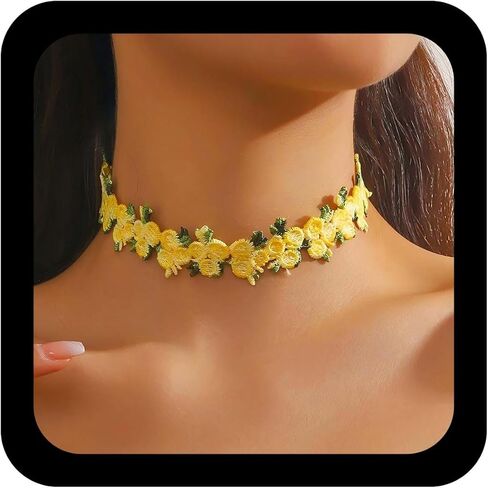 Boho Yellow Lace Flower Necklace Yellow Flowers Floral Necklaces Vintage Embroidered Flower Choker Necklace Adjustable Lace Velvet Collar Necklaces Jewelry for Women in Saudi Arabia