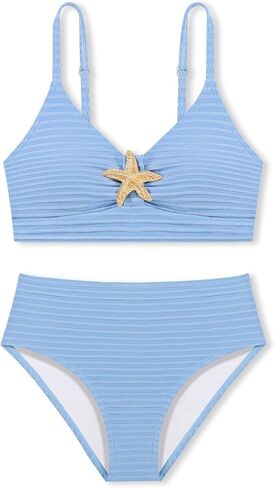Girls Swimsuit 2 Piece Bikini Sets Metal V Neck High Waisted Textured Ruched Solid Padded Beach Bathing Suits 7-16Y in Kuwait