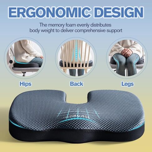 Mureon Seat Cushion for Office Chairs, Large Memory Foam Cushion for Car, Pressure Relief Ergonomic Chair Cushion with Non-Slip Cover for Soft Support for Hip All Day Comfort - Navy in Saudi Arabia