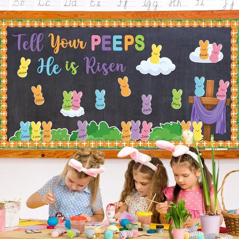 Easter Bulletin Board Decorations Set, Tell Your Peeps He is Risen Cross Easter Christian Bulletin, 80 Pieces Thick Cardstock Sunday School Classroom Church Chalkboard Decoration in Kuwait